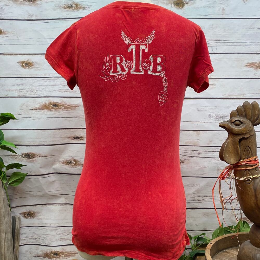 RTB Real Tough B itch Red Acid Wash Graphic Logo Tee Shirt Woman's Size Medium M